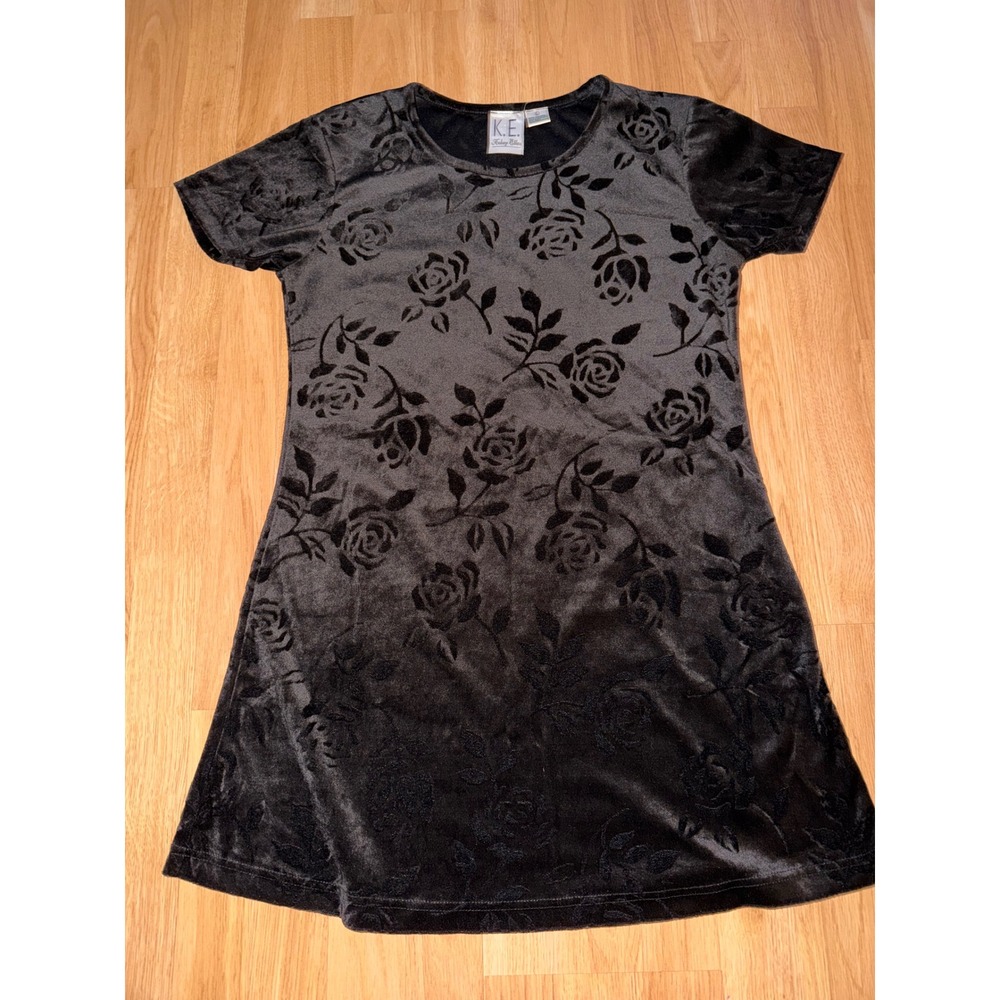 Kelsey Elliot Women Black Velvet Burnout Rose Floral Mini Dress Short Sleeve M